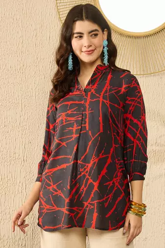 Women black viscose rayon abstract printed regular top