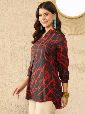 Women black viscose rayon abstract printed regular top 1