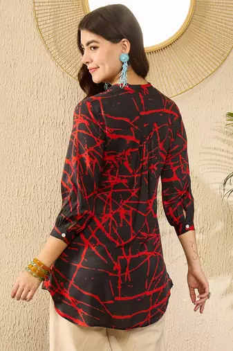Women black viscose rayon abstract printed regular top