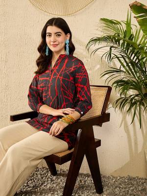 Women black viscose rayon abstract printed regular top 5