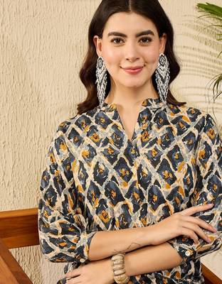Women blue viscose rayon abstract printed regular top 3
