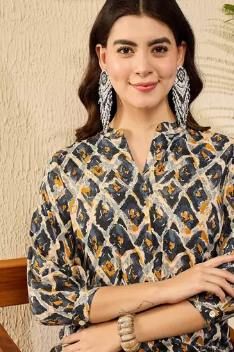 Women blue viscose rayon abstract printed regular top