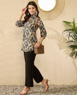 Women blue viscose rayon abstract printed regular top 1