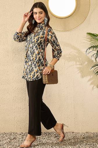 Women blue viscose rayon abstract printed regular top