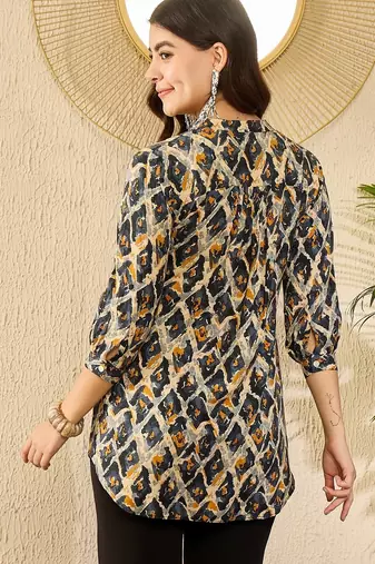Women blue viscose rayon abstract printed regular top