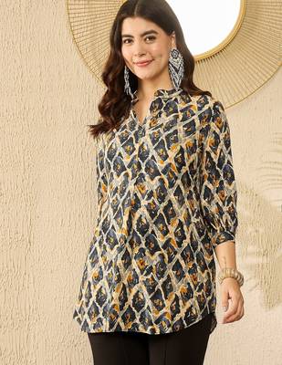 Women blue viscose rayon abstract printed regular top 5