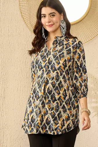 Women blue viscose rayon abstract printed regular top