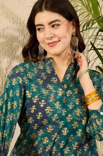 Green ethnic motifs printed regular top