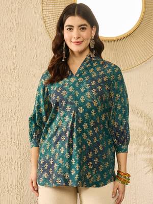 Green ethnic motifs printed regular top 1