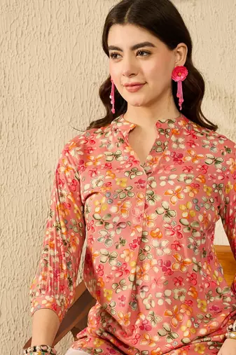 Women pink viscose rayon floral printed regular top