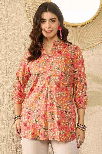 Women pink viscose rayon floral printed regular top