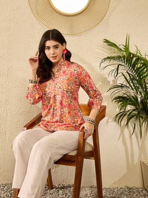 Women pink viscose rayon floral printed regular top 5