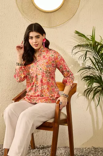 Women pink viscose rayon floral printed regular top