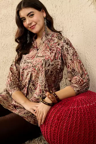Women maroon silk blend floral printed regular top