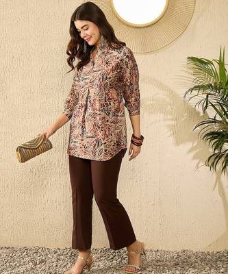 Women maroon silk blend floral printed regular top 1