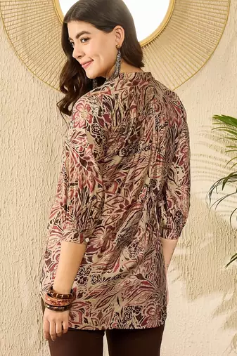 Women maroon silk blend floral printed regular top