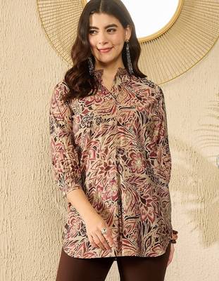Women maroon silk blend floral printed regular top 5