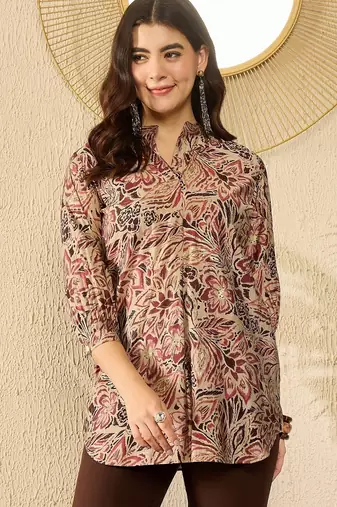 Women maroon silk blend floral printed regular top