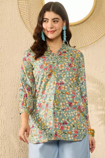 Women blue viscose rayon floral printed regular top