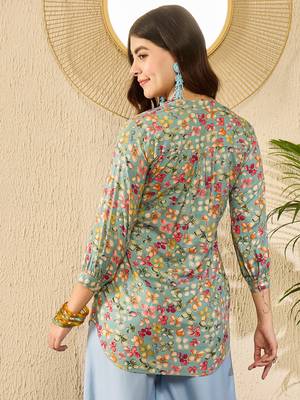 Women blue viscose rayon floral printed regular top 4