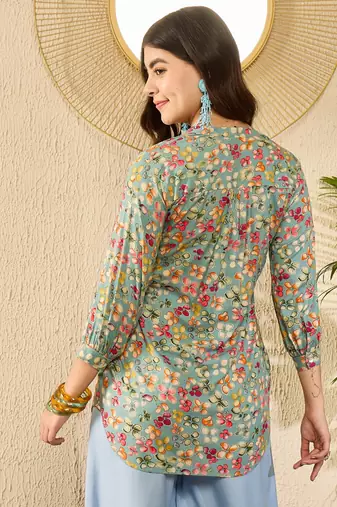 Women blue viscose rayon floral printed regular top