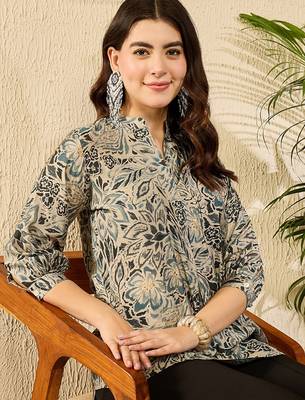 Women blue silk blend floral printed regular top 1