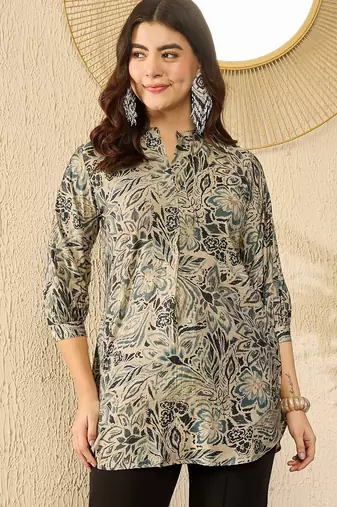 Women blue silk blend floral printed regular top