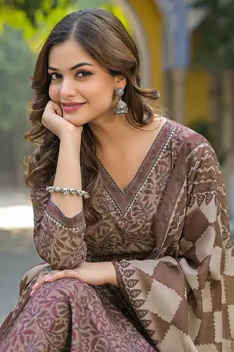Brown Printed Cotton Kurta Set with Dupatta 