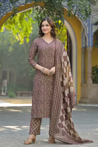 Brown Printed Cotton Kurta Set with Dupatta 