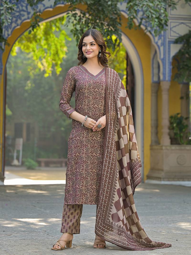 Brown Printed Cotton Kurta Set with Dupatta 