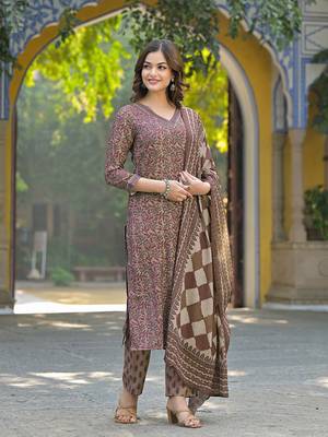 Brown Printed Cotton Kurta Set with Dupatta  1