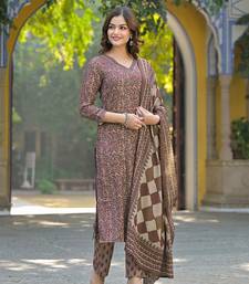 Brown Printed Cotton Kurta Set with Dupatta 