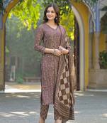 Brown Printed Cotton Kurta Set with Dupatta 