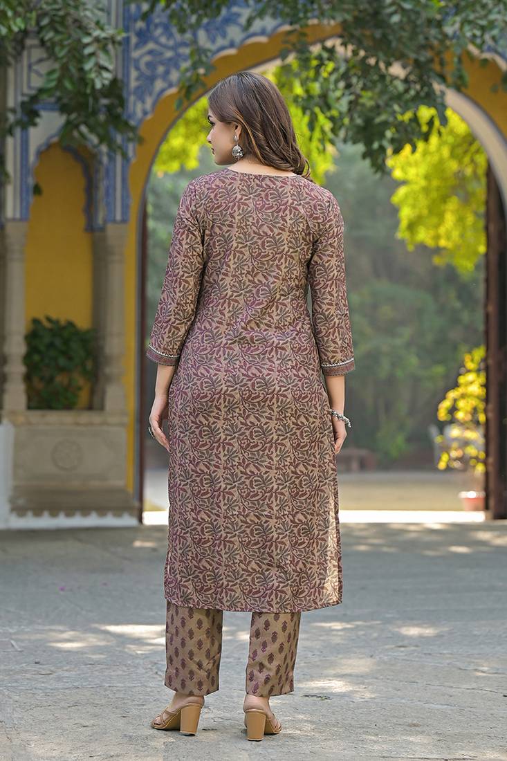 Brown Printed Cotton Kurta Set with Dupatta 
