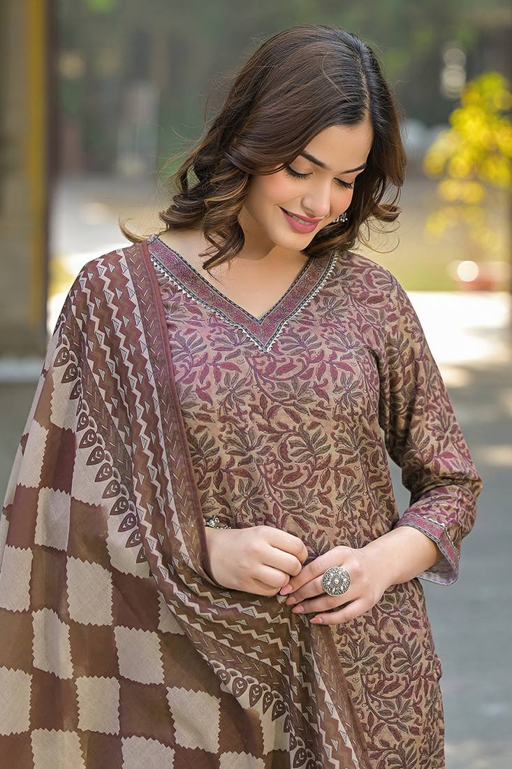 Brown Printed Cotton Kurta Set with Dupatta 
