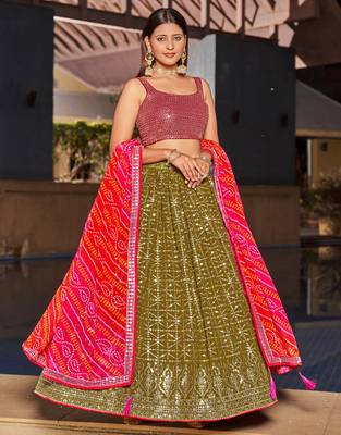 Olive Green & Pink Zari And Sequins Embroidered Georgette Indian Wedding Lehenga Dress 6