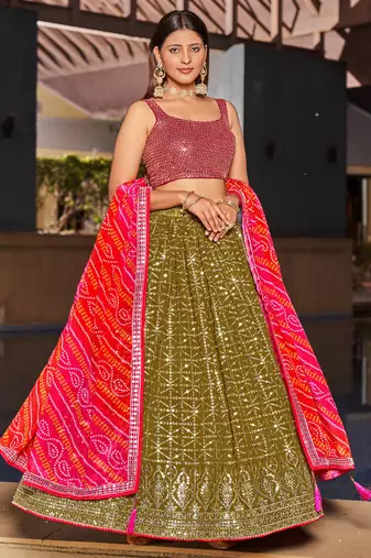 Olive Green & Pink Zari And Sequins Embroidered Georgette Indian Wedding Lehenga Dress