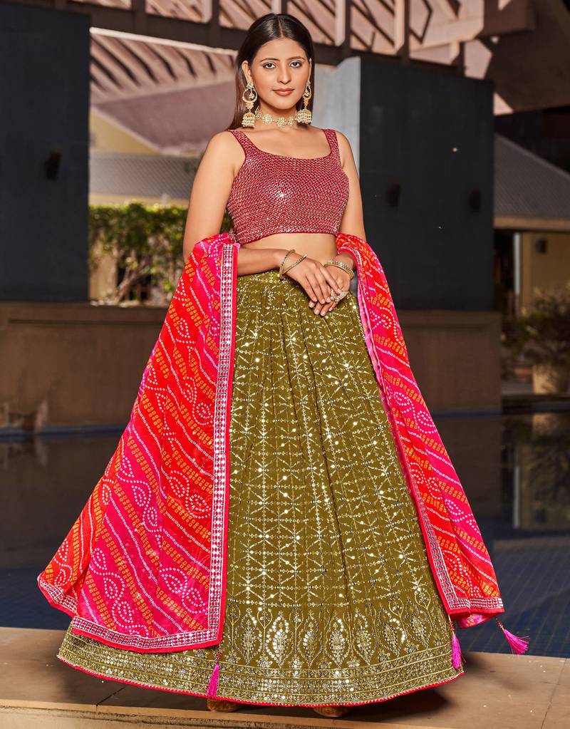 Olive Green & Pink Zari And Sequins Embroidered Georgette Indian Wedding Lehenga Dress