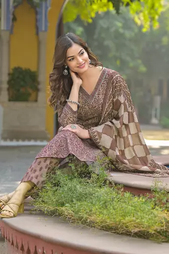 Brown Printed Cotton Kurta Set with Dupatta 