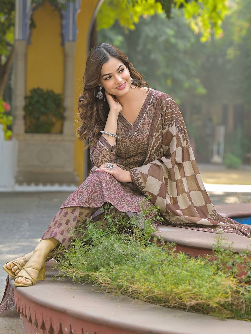 Brown Printed Cotton Kurta Set with Dupatta 