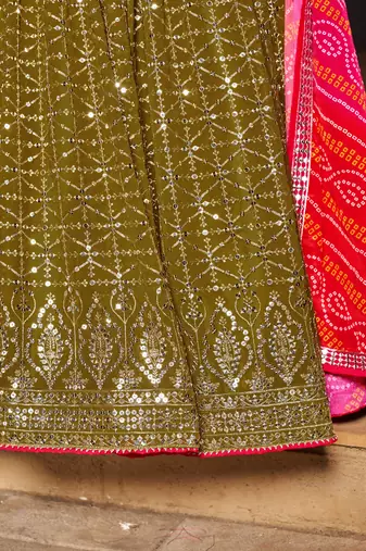Olive Green & Pink Zari And Sequins Embroidered Georgette Indian Wedding Lehenga Dress