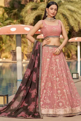  Pink-Brown Sequins Zari Thread And Dori Work Embroidered Georgette Indian Bride Lehenga Choli Dress Design