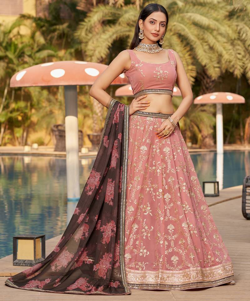  Pink-Brown Sequins Zari Thread And Dori Work Embroidered Georgette Indian Bride Lehenga Choli Dress Design