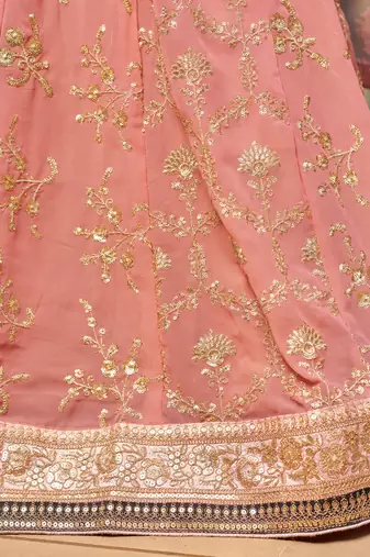  Pink-Brown Sequins Zari Thread And Dori Work Embroidered Georgette Indian Bride Lehenga Choli Dress Design