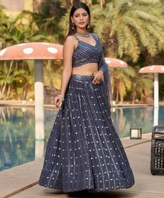  Grey Dori Zari Sequins Embroidered Georgette Wedding Indian Lehenga Dress Design 8