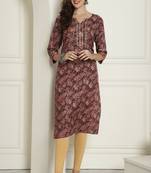 Wine women's cotton blend foil printed kurti