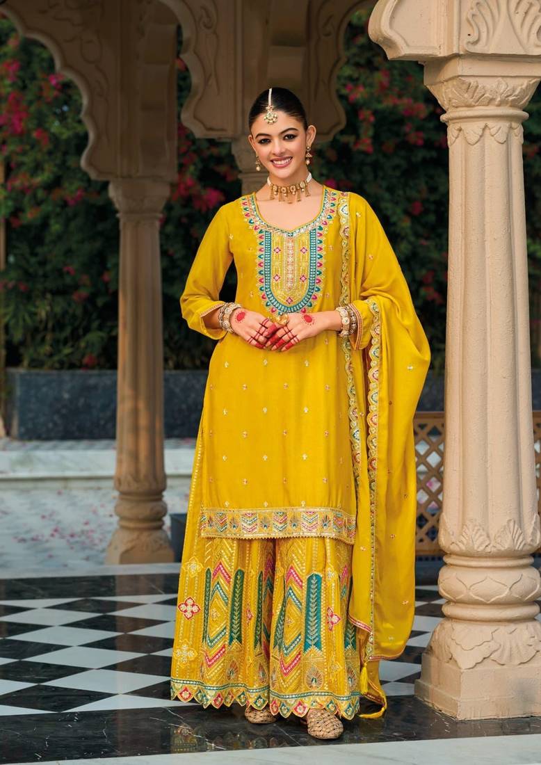 Yellwo SILK EMBROIDERY PARTY WEAR SALWAR SUITS 