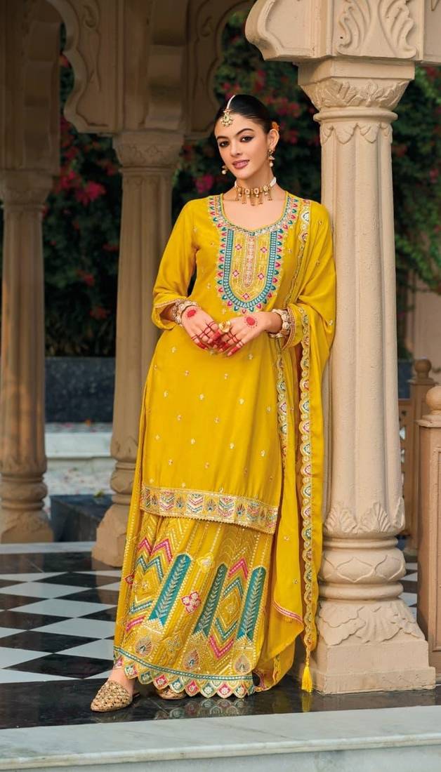 Yellwo SILK EMBROIDERY PARTY WEAR SALWAR SUITS 