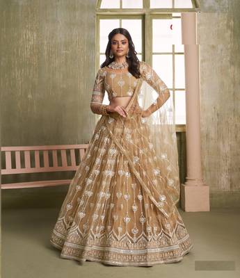 Light Brown Heavy Embroidery Net Semi Stitch A Line Lehenga With Blouse 1
