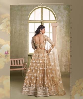 Light Brown Heavy Embroidery Net Semi Stitch A Line Lehenga With Blouse 2